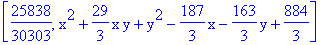 [25838/30303, x^2+29/3*x*y+y^2-187/3*x-163/3*y+884/3]